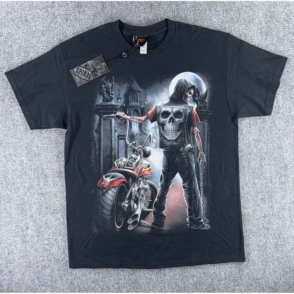 Spiral Direct Mens Dark Rider Skeleton Motorcycle Graphic T-Shirt Black L NEW